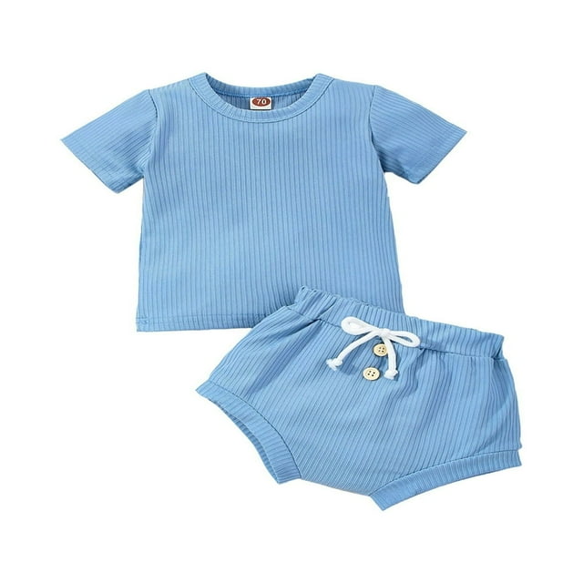 2PCS Toddler Newborn Baby Boy Girl Summer Clothes Solid Short Sleeve Tops Drawstring Shorts Sets Coffee 0-3 Months