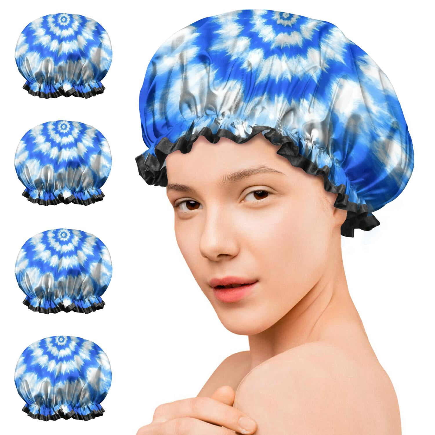 Shower Caps,Blue Tie Dye Mandala Pattern Waterproof Shower Cap for Women 4 Pieces,Double Reusable Hair Cover for Shower PEVA Elastic Stretch Hem