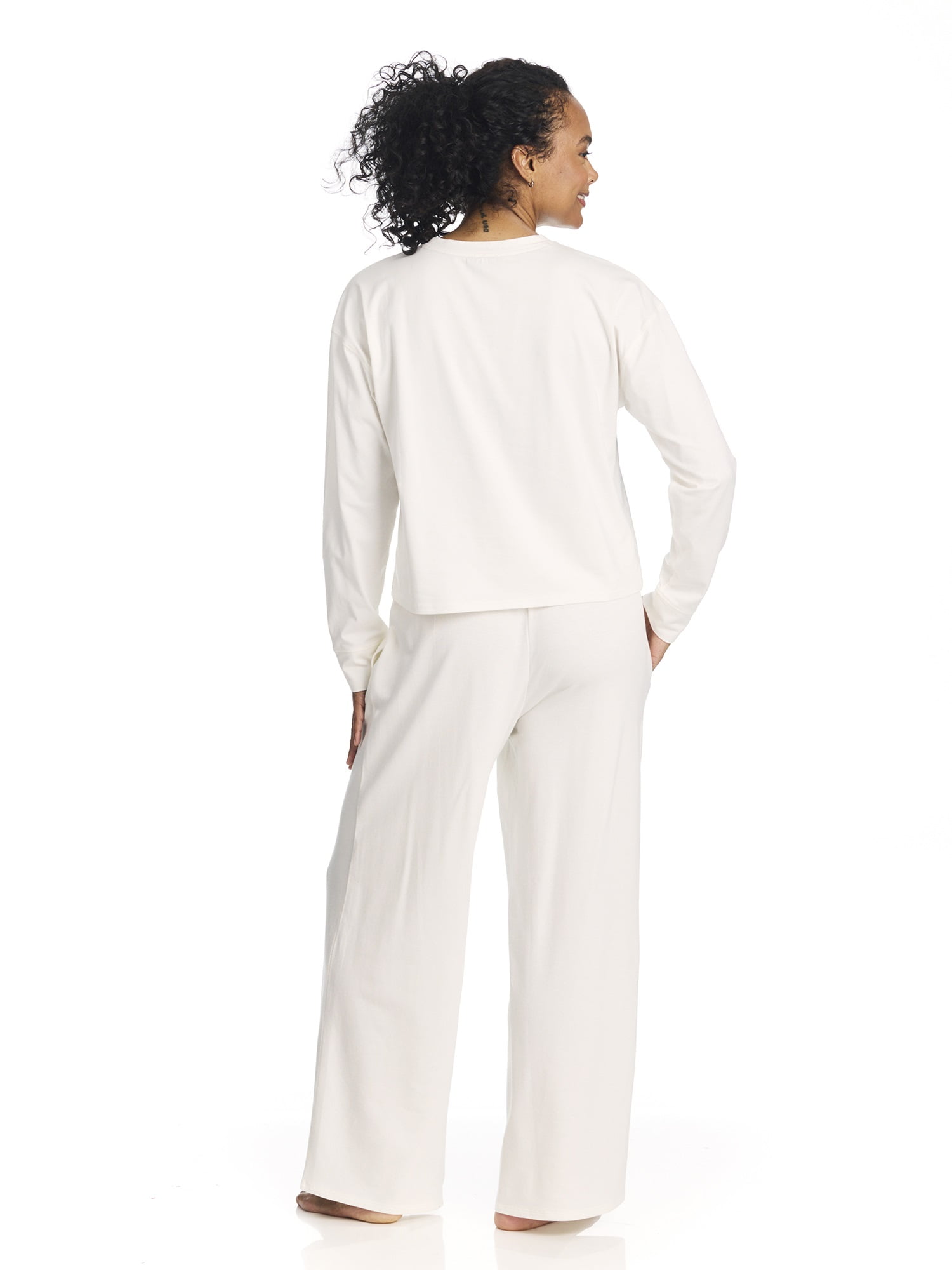 U.S. Polo Assn. Women's Long Sleeve Cotton Span Top and French Terry Wide Leg Pant Pajama Sleep Set, 2-Piece, Sizes S-3X