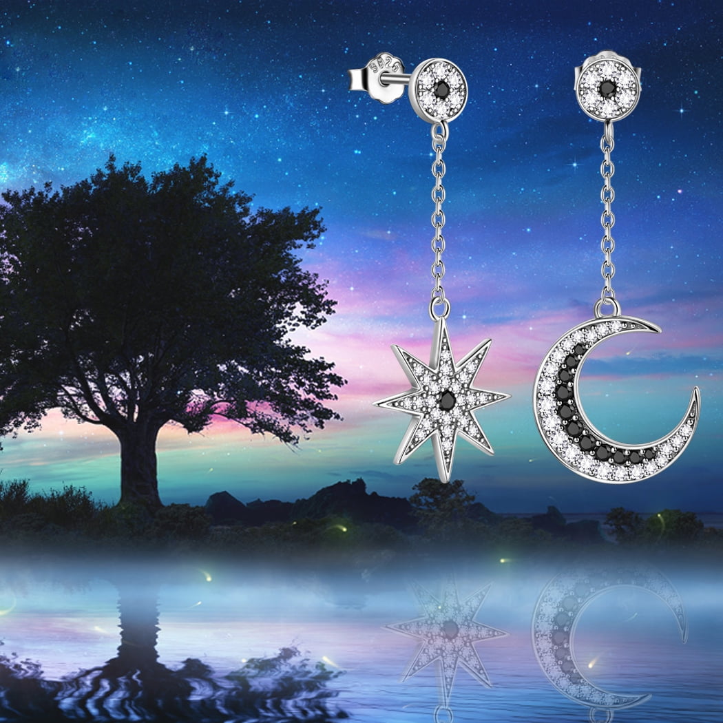 925 Sterling Silver Asymmetric Celestial Moon Star Drop Earrings Dangle Black CZ Fine Jewelry Women Mother Wife Christmas Valentine's Day Gift for Her