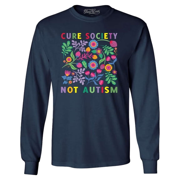 Shop4Ever Men's Cure Society Not Autism Florals Flowers Long Sleeve Shirt Small Navy