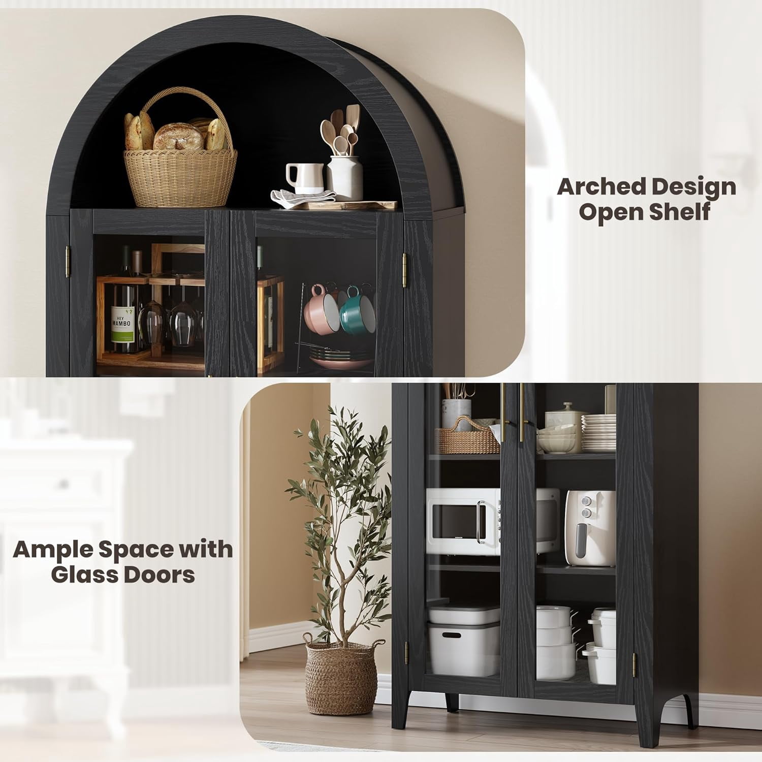 Memoryfield Farmhouse 5 Tier Bookcase Display Shelf, with Adjustable Shelf and 2 Large Glass Doors, Arched Kitchen Pantry Cabinet, Versatile Storage Cupboard, Black