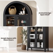 Memoryfield Farmhouse 5 Tier Bookcase Display Shelf, with Adjustable Shelf and 2 Large Glass Doors, Arched Kitchen Pantry Cabinet, Versatile Storage Cupboard, Black