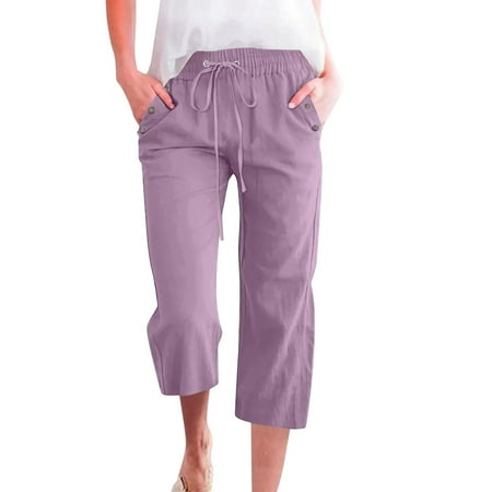 Prdecexlu Capri Linen Pants for Women Button Decoration Beach Elastic High Waist Wide Leg Loose Cropped Pants Drawstring Baggy Solid Color Summer Vacation Trousers with Pockets Purple 2XL