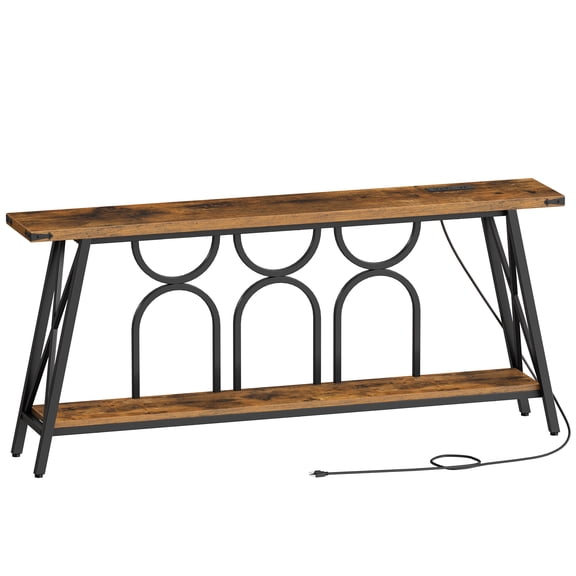 HOOBRO 70.9" Console Table with Charging Station & Metal Frame,Rustic Brown