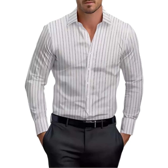 Felirenzacia Men's Hot Stamping Striped Long Sleeve Bussiness Shirt for Casual Workwear,White,S