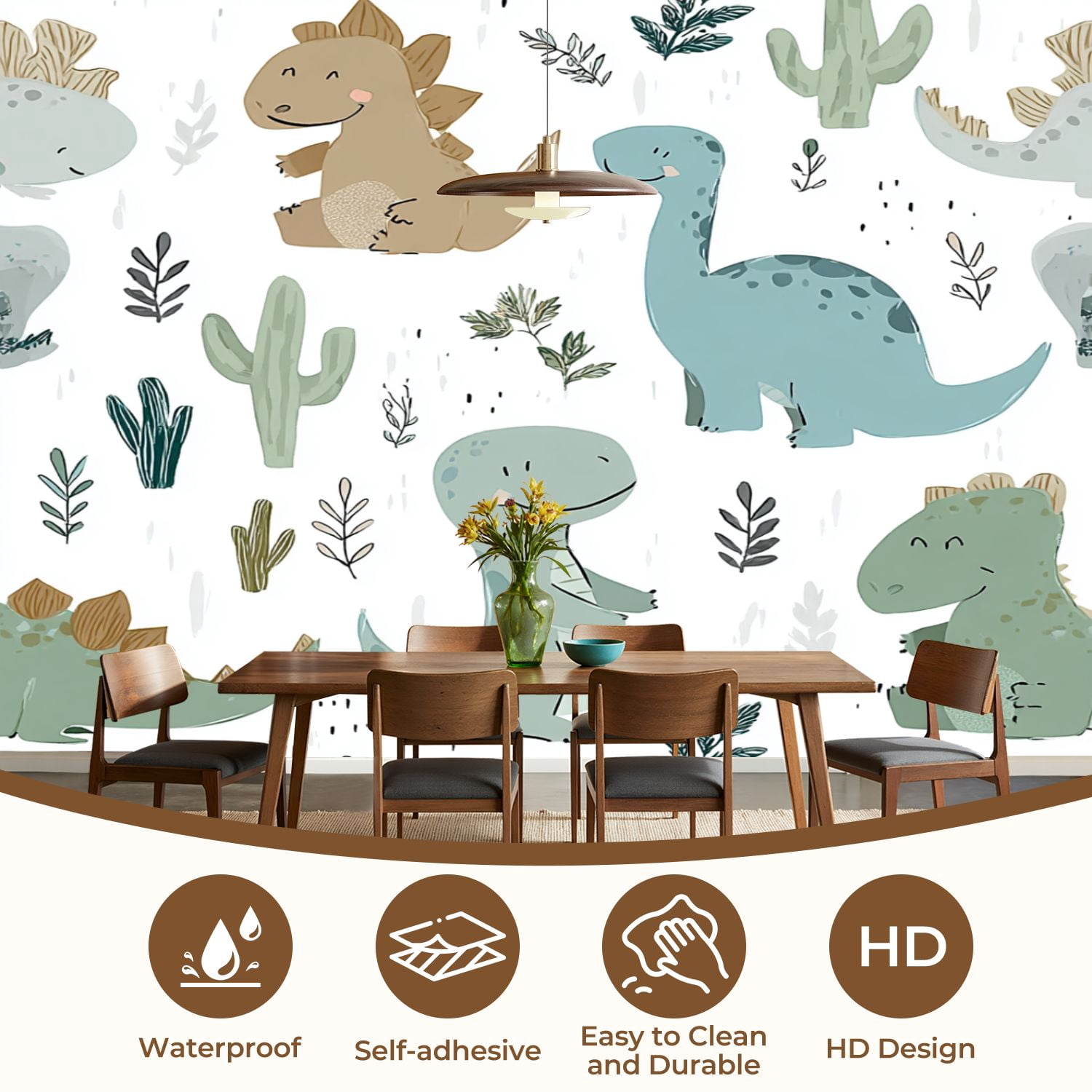 Wall Mural Peel and Stick Dinosaur baby boy seamless Sweet dino palm cactus Self-Adhesive Wallpaper Removable Wall Decal Wall Sticker Home Decor for Living Room Bedroom 69"x96"