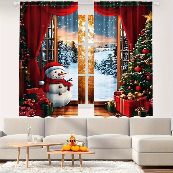 WNOOHIY Christmas Tree Snowman Gift Box Pattern Light-filtering Curtains for Living Room Bedroom Home Decoration, Set of 2 Panels