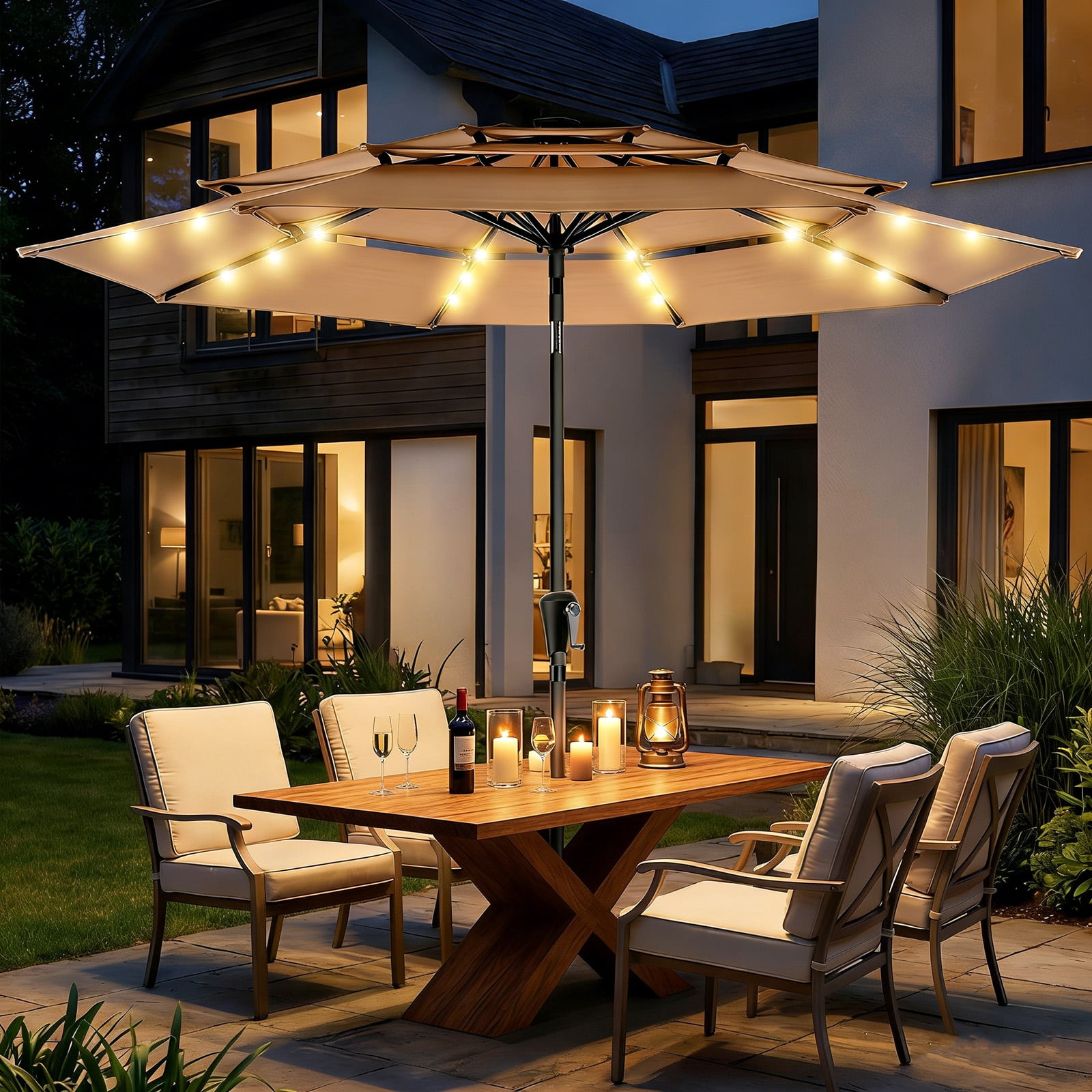 Patbrela 9ft 3-Tier Solar Patio Umbrella with LED Lights, Tilt Adjustment Outdoor Umbrella, Market Sun Shade for Beach, Backyard, Deck, Poolside, Beige