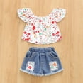 thumbnail image 2 of Baby Girls Outfits Toddler Suit Girls Colorful Printed One Shoulder Tops Blue Denim Shorts 2pcs Set Outfits, 2 of 6