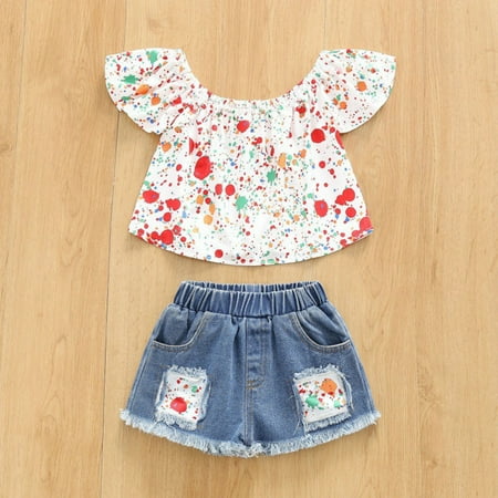 

Wiueurtly Toddler Suit Girls Colorful Printed One Shoulder Tops Blue Denim Shorts 2pcs Set Outfits 4t Girls Fall Outfit Set