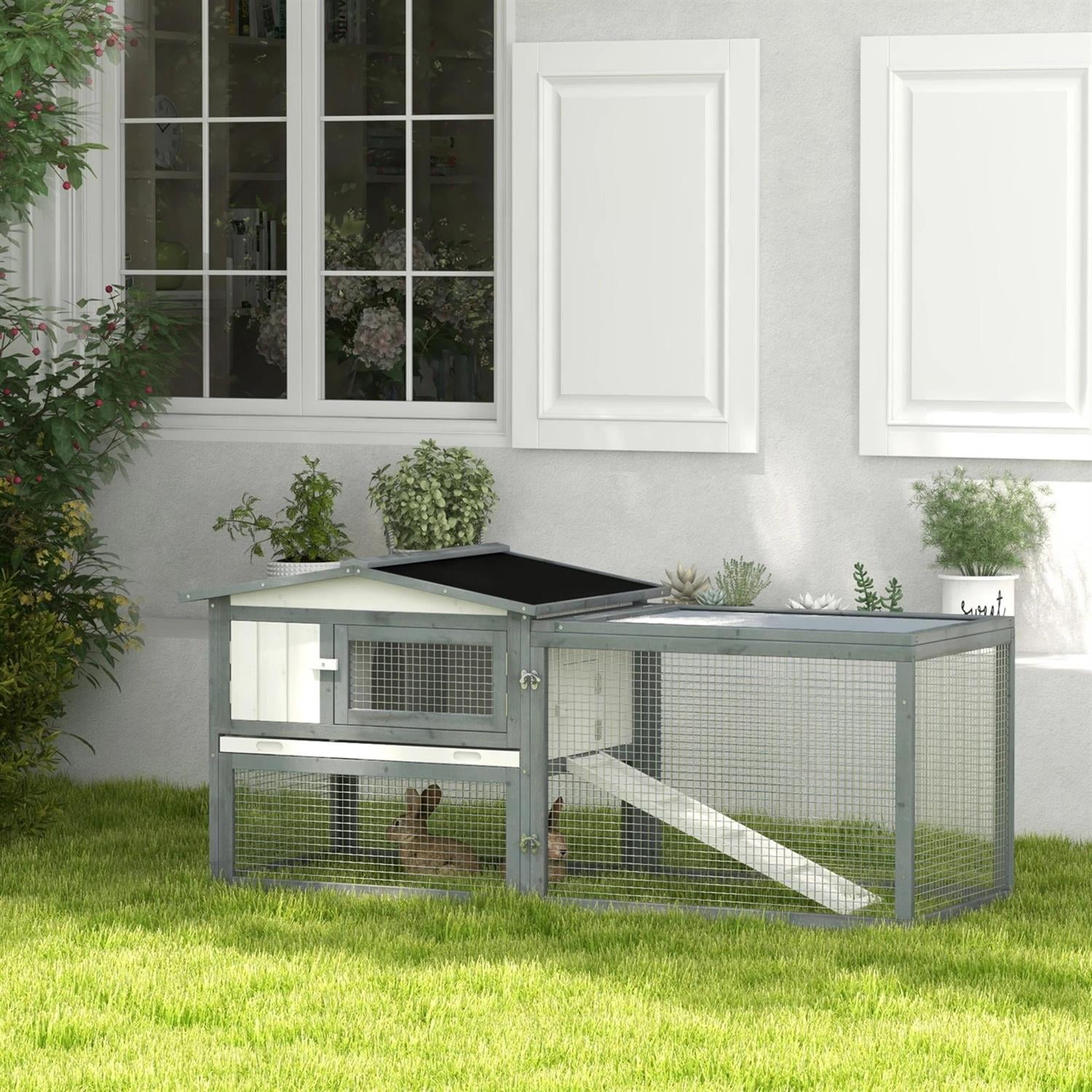 Pefilos 61" Outdoor Wooden Rabbit Hutch with Run, Trays and Feeding Trough, Outdoor Bunny Enclosure Guinea Pig Cage for Small Animals, Gray