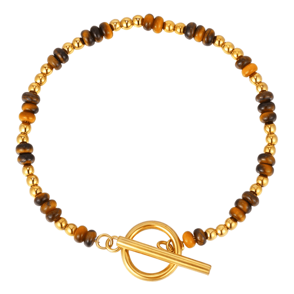 VNOX Tiger Eye Beaded Toggle Bracelet for Women – Stainless Steel Natural Stone Jewelry, Boho Dainty Beaded Bracelet with OT Clasp, Perfect Gift for Her