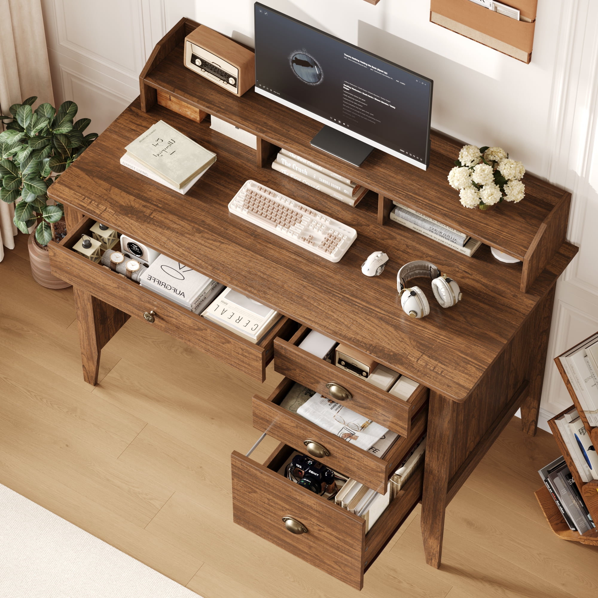 Homfa 47 in Computer Desk, Home Office Writing Table with 4 Drawers & Hutch Shelf, Rustic Brown