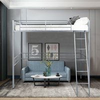 Gymax Twin Size Metal Loft Bed Frame Single High Loft Bed W/Ladder & Guard Rail Silver