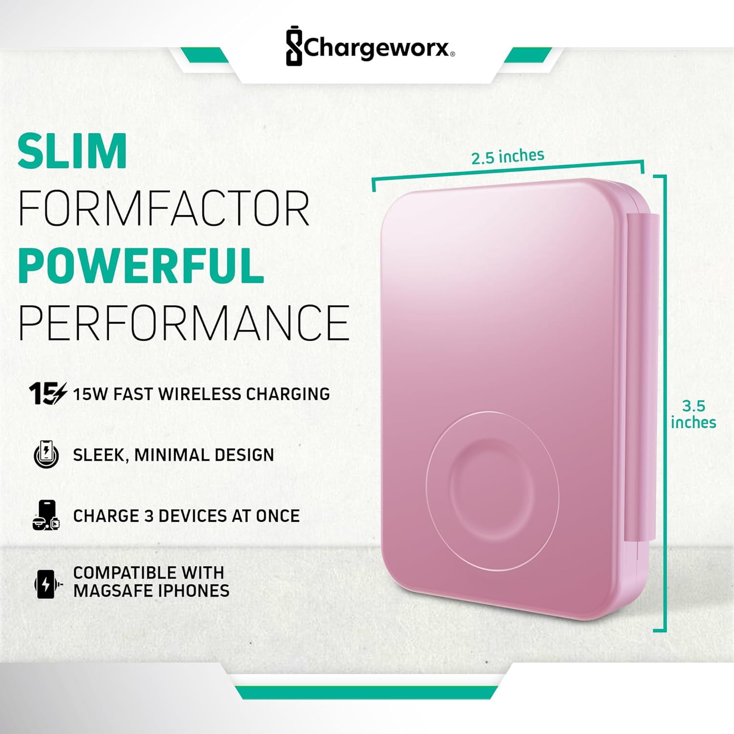 ChargeWorx 3-in-1 Wireless Charger, Foldable Magnetic Charging Station with 15-Watt Fast Charging, Compatible with iPhone, Samsung, and Other Phones, Smartwatches, and Headphones, Pink