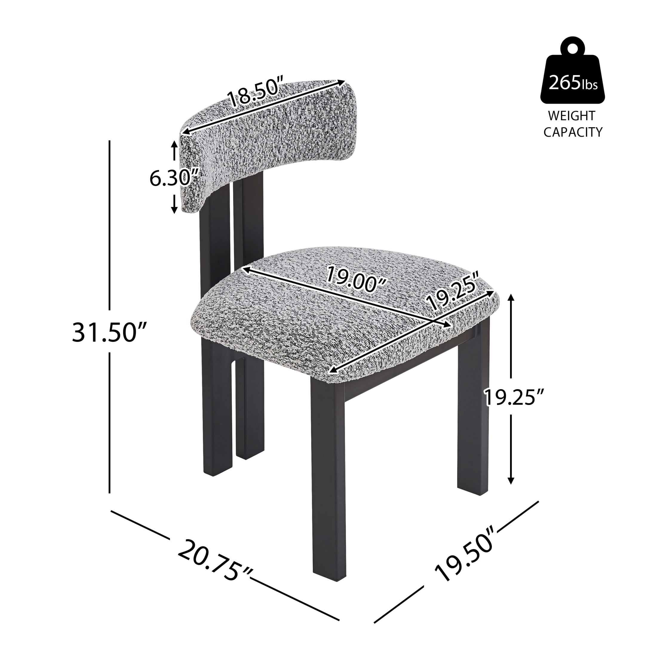 Simplicity Armless Dining Chairs with U-Shaped Seats & Metal Legs, White+Black, Set of 2
