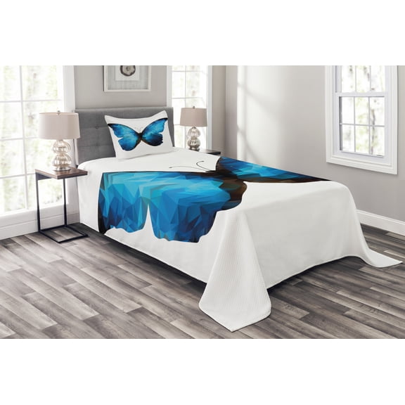 Ambesonne Butterfly Quilted Bedspread Set 2 Pcs, Modern Blue Ombre, Twin Size, Pale Blue Dark Blue