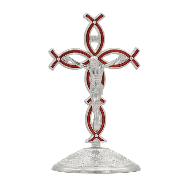 Figura de cruz de pie, estatua de cruz, adorno de mesa, estatua de crucifijo de Jesús Plata Rojo