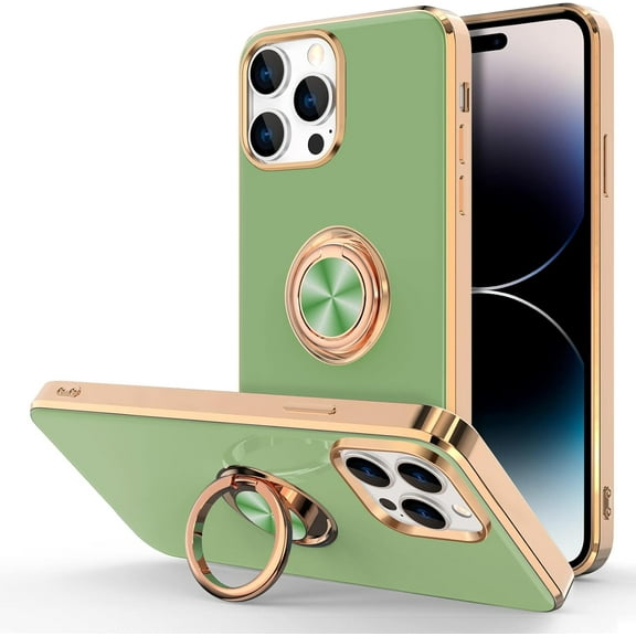 Case for iPhone 14 Pro Case with Ring Stand [360°Rotatable Ring Holder Magnetic Kickstand] [Support Car Mount] Plated Rose Gold Edge Slim Soft TPU Luxury Protective Phone Case, Light Green