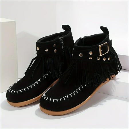 

MNGHNKJ Stylish Women‘s Flat Ankle Boots Comfortable Durable & Fashion-Forward with Tassel & Metal Bead Accents Easy Side-Zip Design