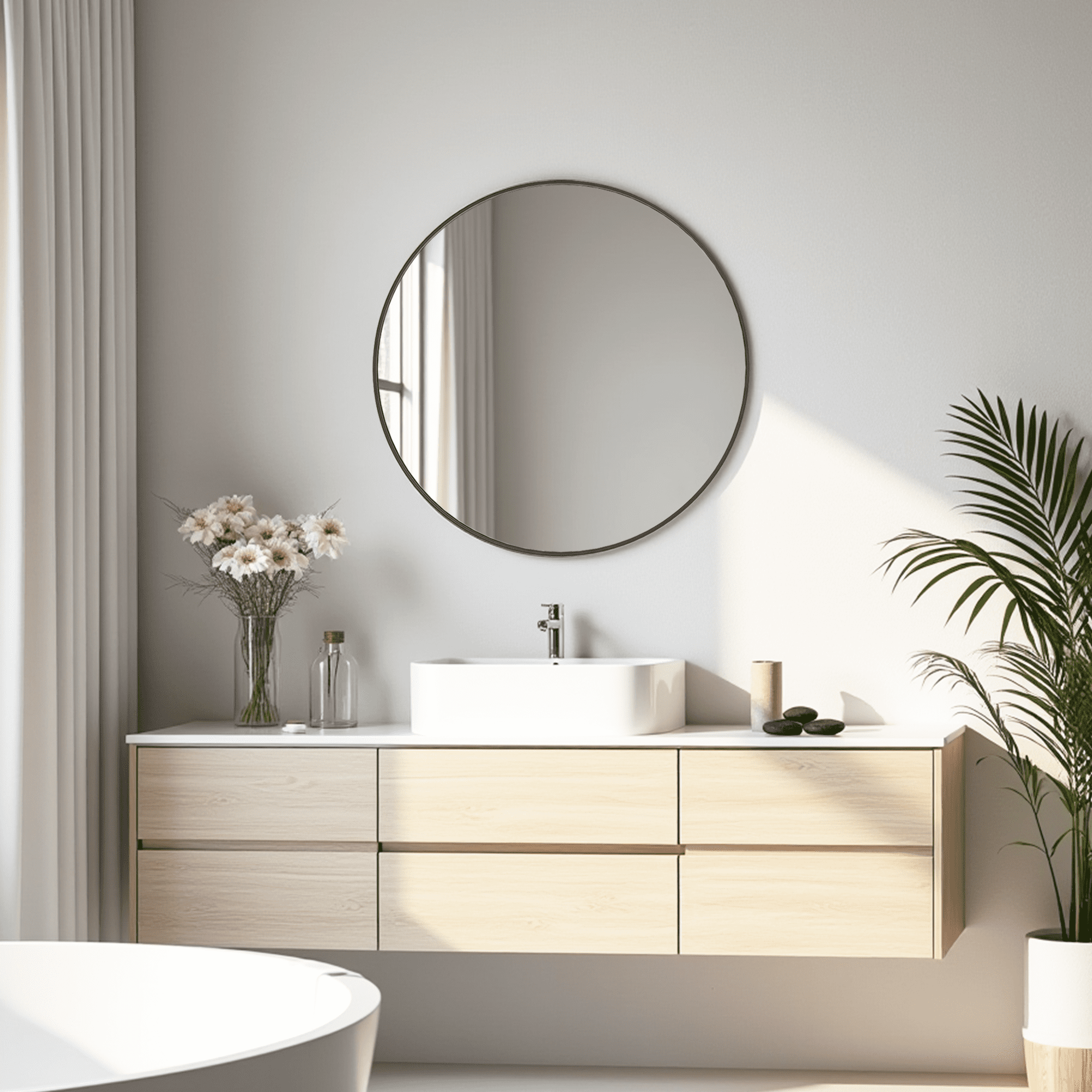 MAYEERTY 24" Round Wall Mirror - Aluminum Frame, Suitable for Vanity, Bathroom & Living Room, Black