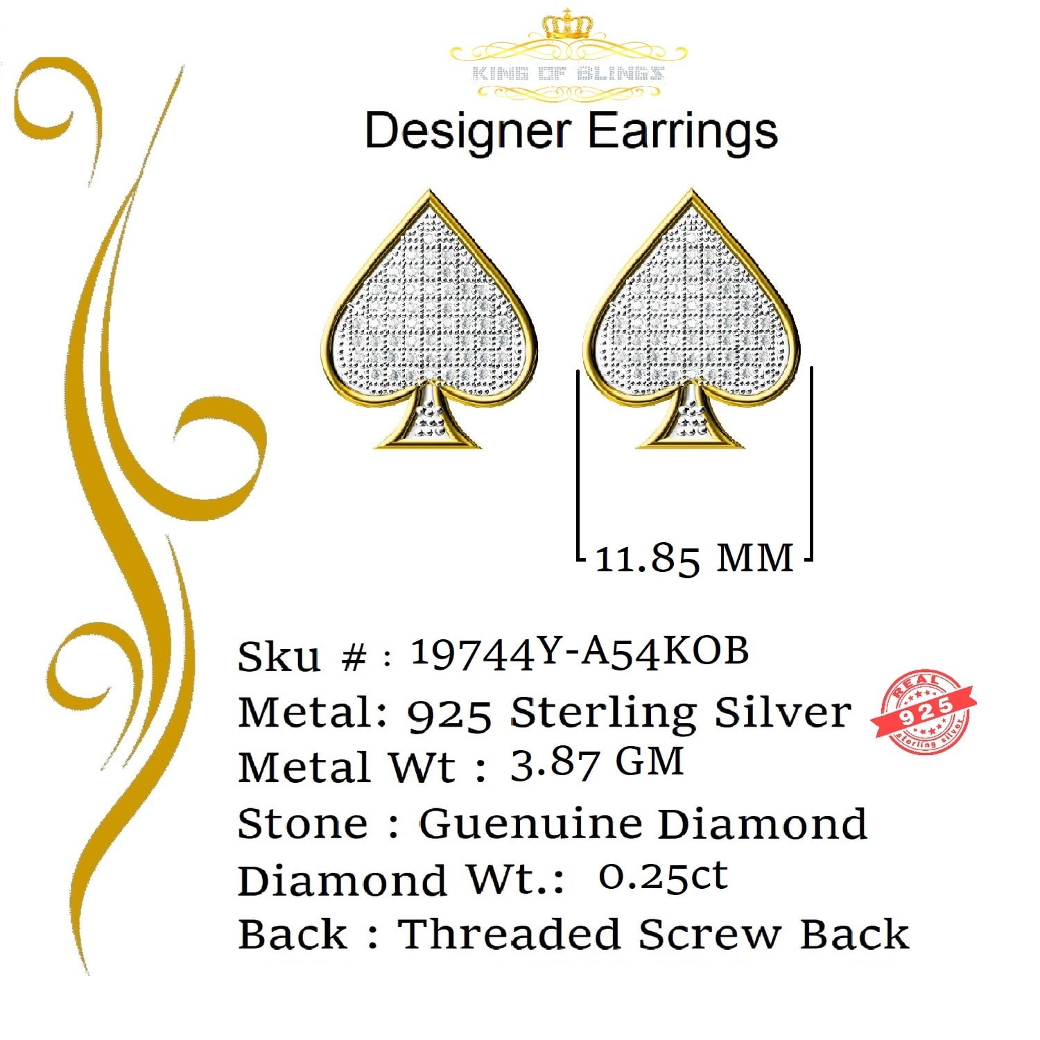 King of Bling's 925 Sterling Silver Yellow 0.25ct Diamond For Women's / Men's Stud Heart Earring