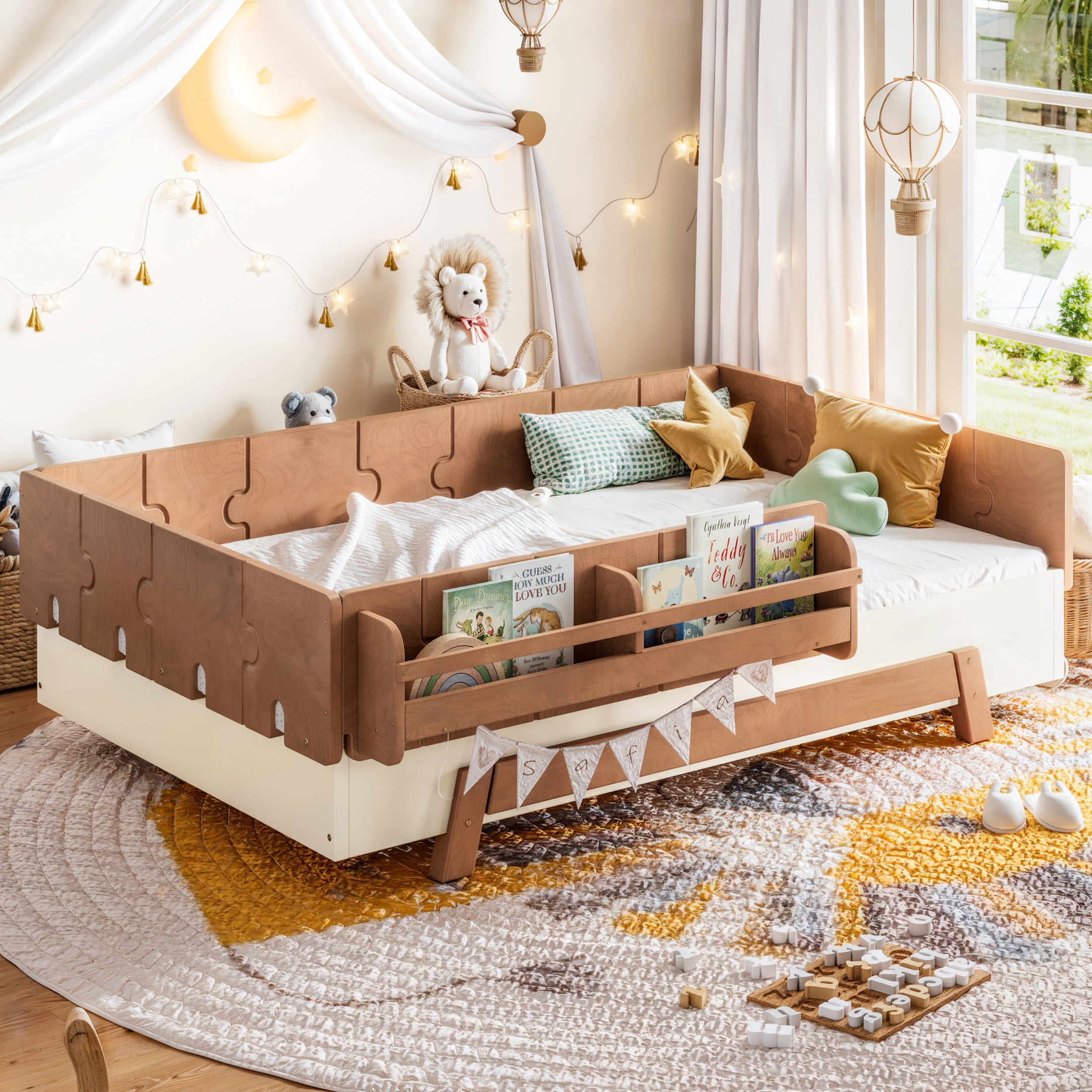 GDF Studio Twin Size Montessori Floor Bed with Guardrails & Bookshelves, Building Block Design, Beige+Brown