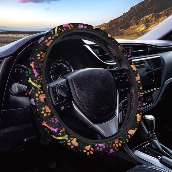 COEQINE Colorful Paw Bone Splatter Auto Steering Wheel Cover Universal 15 Inch Diameter Non-slip Comfortable Car Steering Wheel Protector for All Seasons