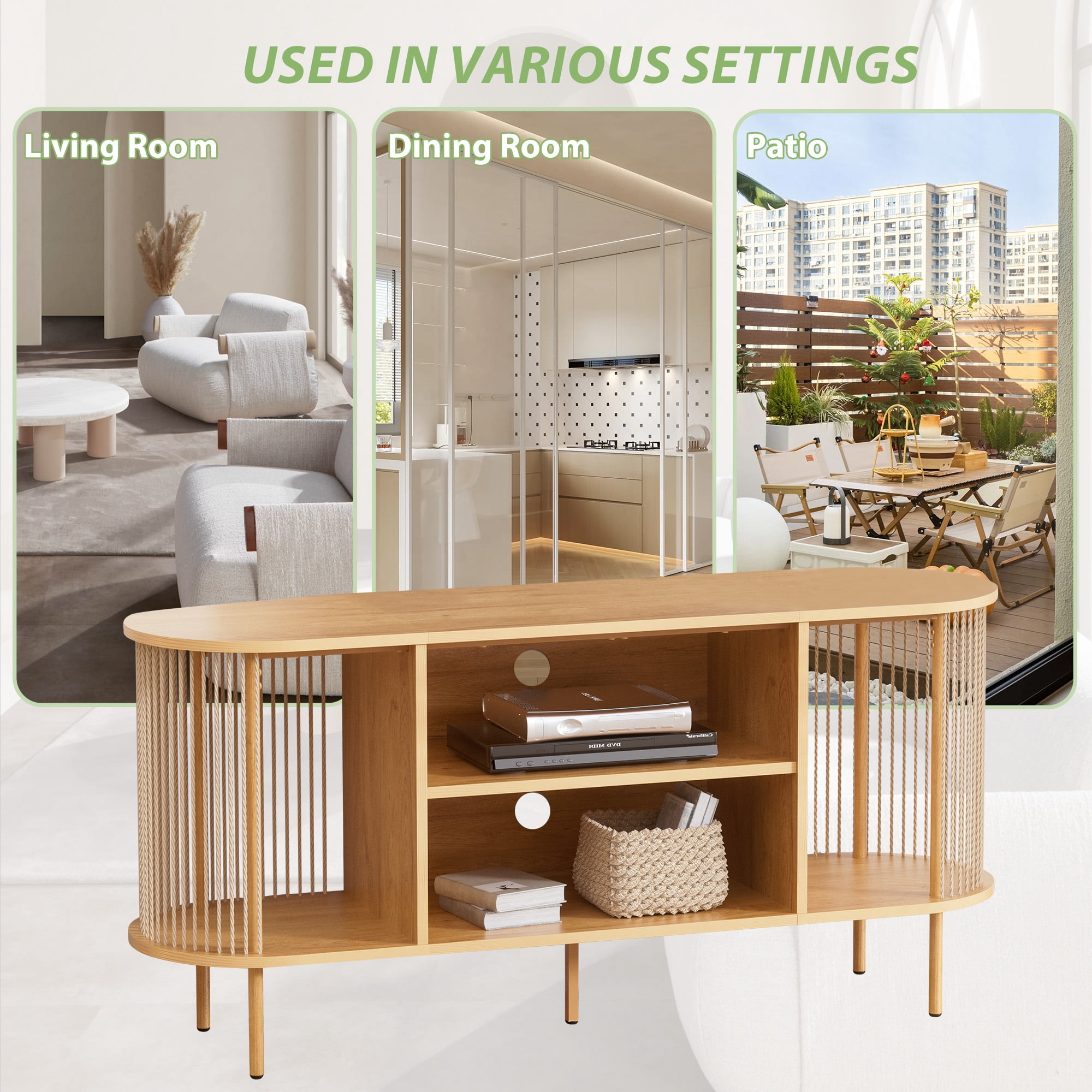 Brafabhome Oval Boho Natural Rope Woven TV Stand up to 60" TV, Mid-Century Media Console Table with Storage Shelf for Living Room, Modern Entertainment Center for Bedroom | Beige