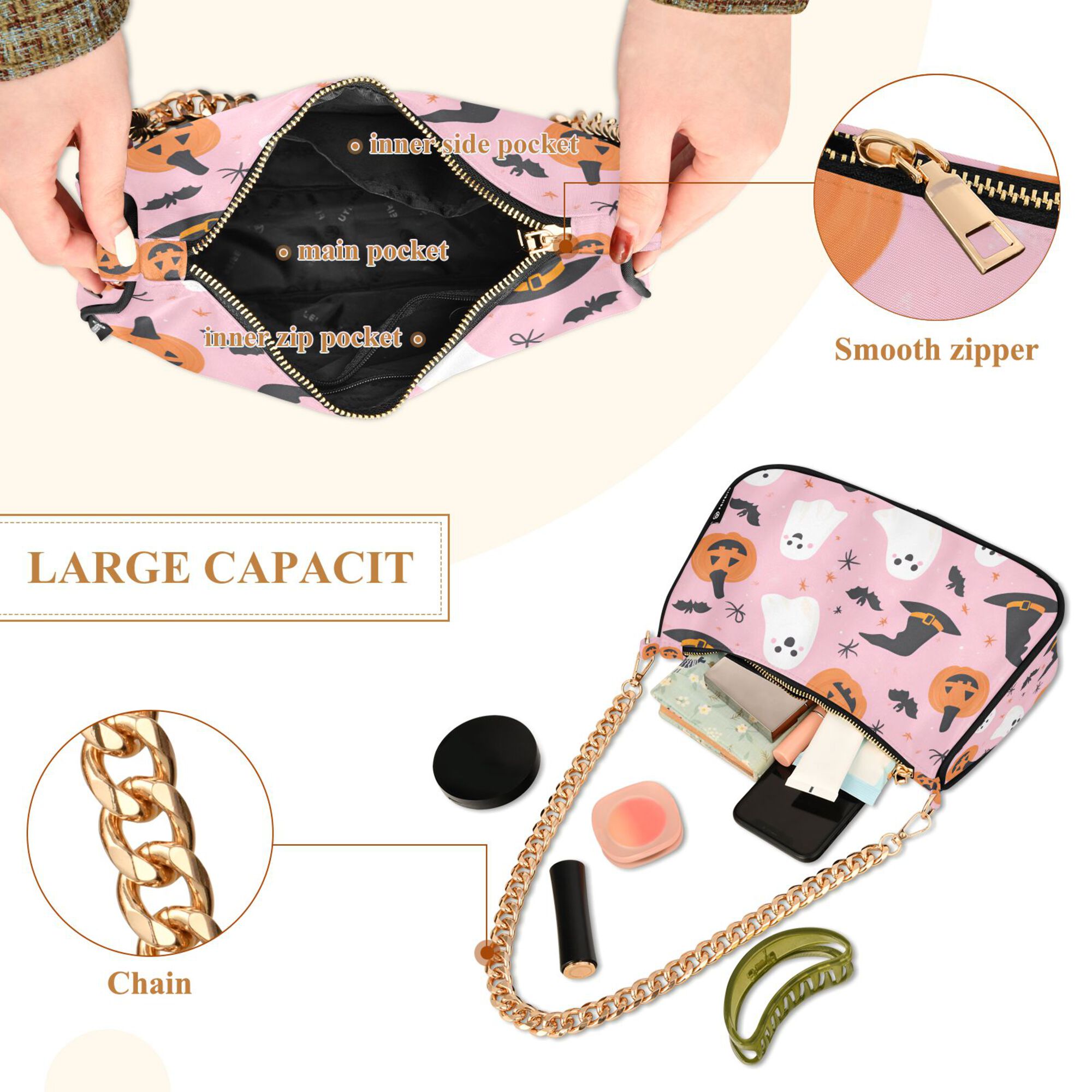 FORMRS Womens Shoulder Bag with Chain Strap Clutch Purse Cute Tote Handbag, Pink Halloween Ghosts