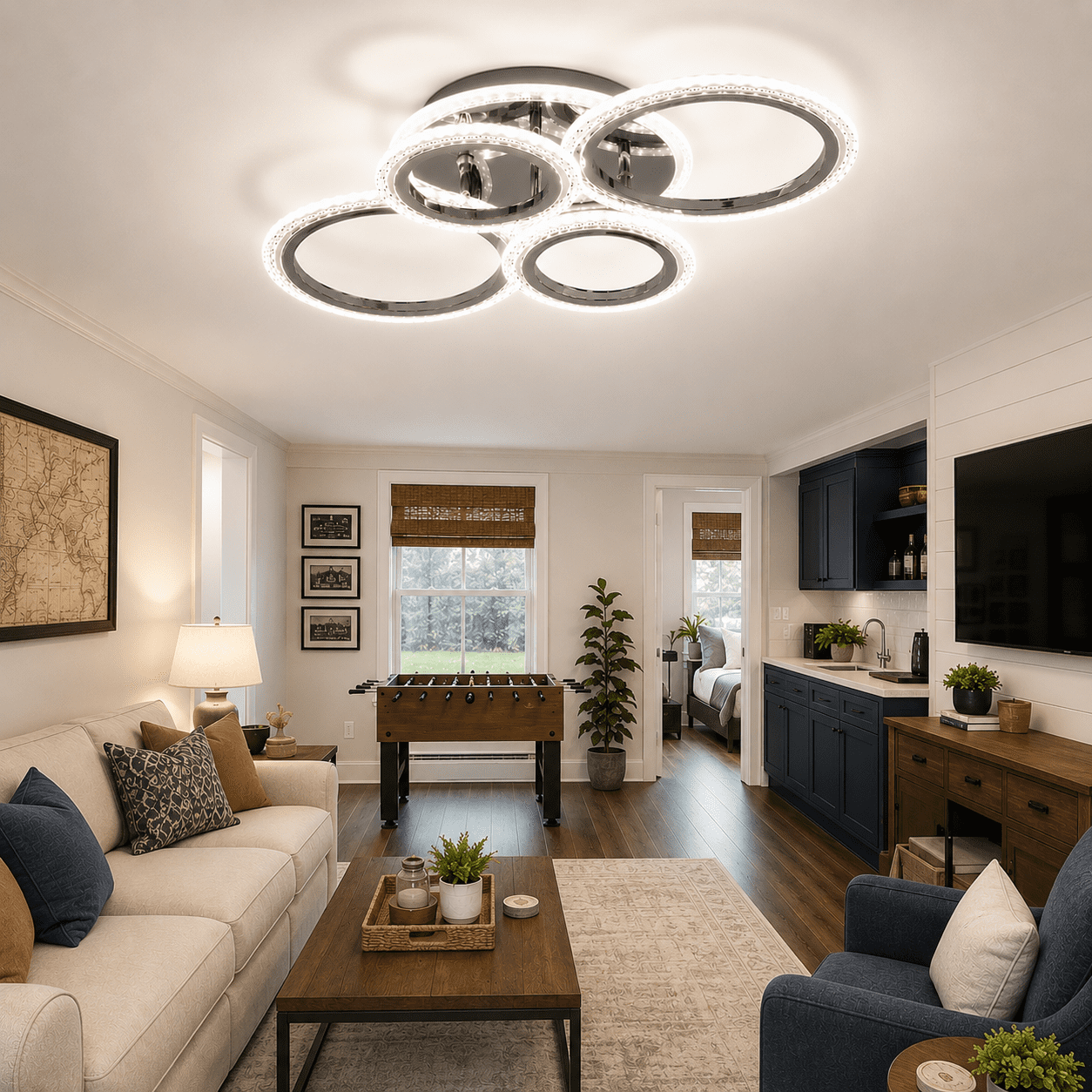Garwarm Chrome 6-Ring LED Ceiling Light, Modern Dimmable 3000K-6500K Flush Mount Ceiling Light with Remote, Acrylic Ring Ceiling Lamp Fixture for Living Room, Dining Room, Bedroom