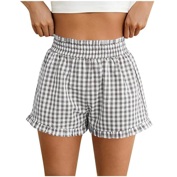hotojiny Women Plaid Boxer Shorts Cute Cozy Summer Ruffle Hem Pajama Bottoms Lounge Elastic Waist Pj Shorts Sleepwear