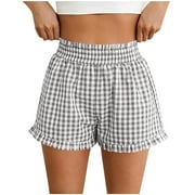 Lovzfmll Shorts for Women, Comfy Gingham Plaid Beach Bottoms with Pockets, Casual Ruffle Hem Lounge Sleep Shorts for Summer Gray S