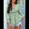 thumbnail image 4 of Blusa Cruzada con Cuello en V y Mangas Largas Abullonadas para Mujer, Camiseta Informal con Dobladillo con Volantes para y Verano. Verde XL, 4 of 10