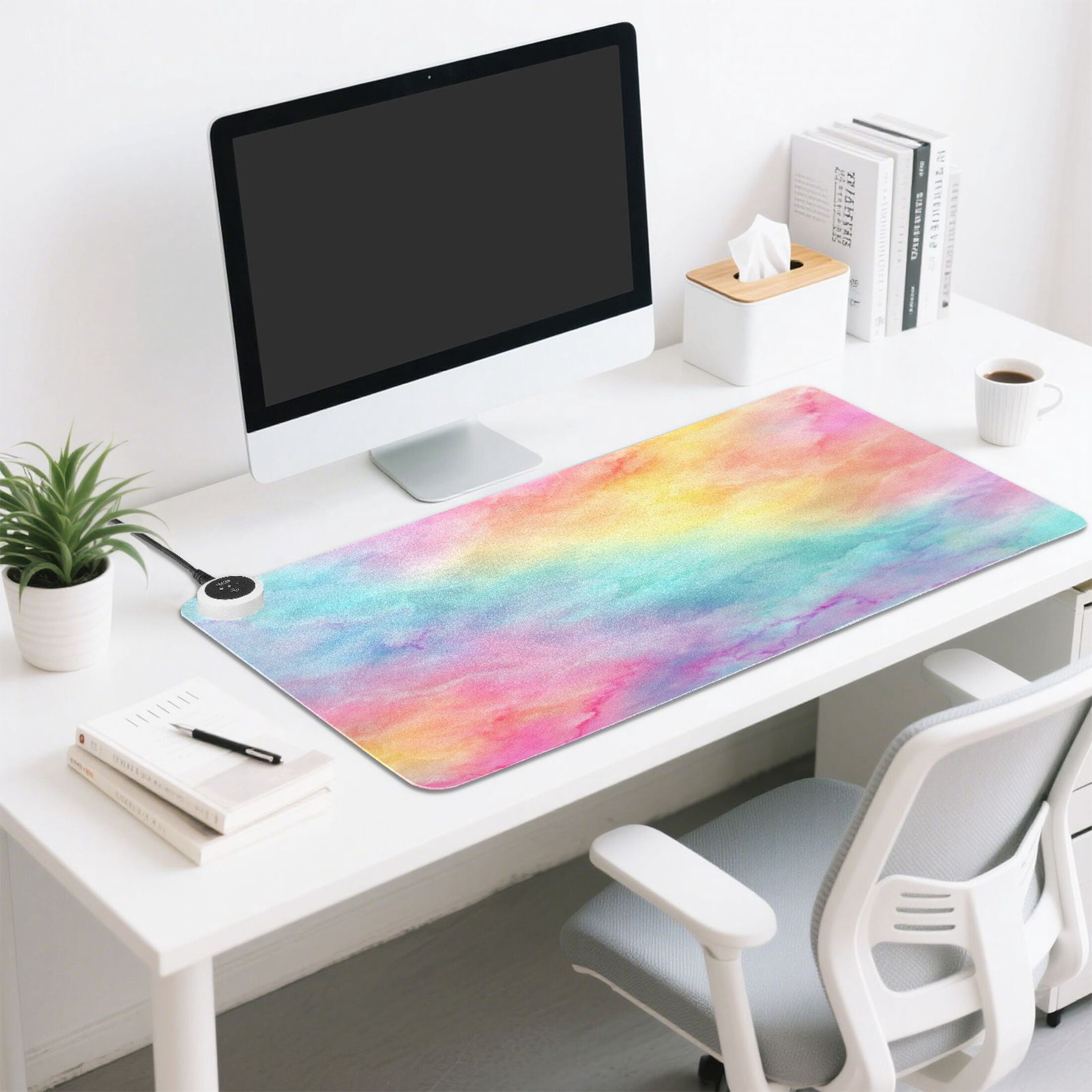 Large Heated Desk Mat Mouse Pad 31.5"x13"PU Leather Graphene Heating Desk Warmer with 3 Temperature Settings 110V US Plug Non-Slip Warm Pad for Home, Office, and Gaming Pastel Rainbow Tie-dye Pattern