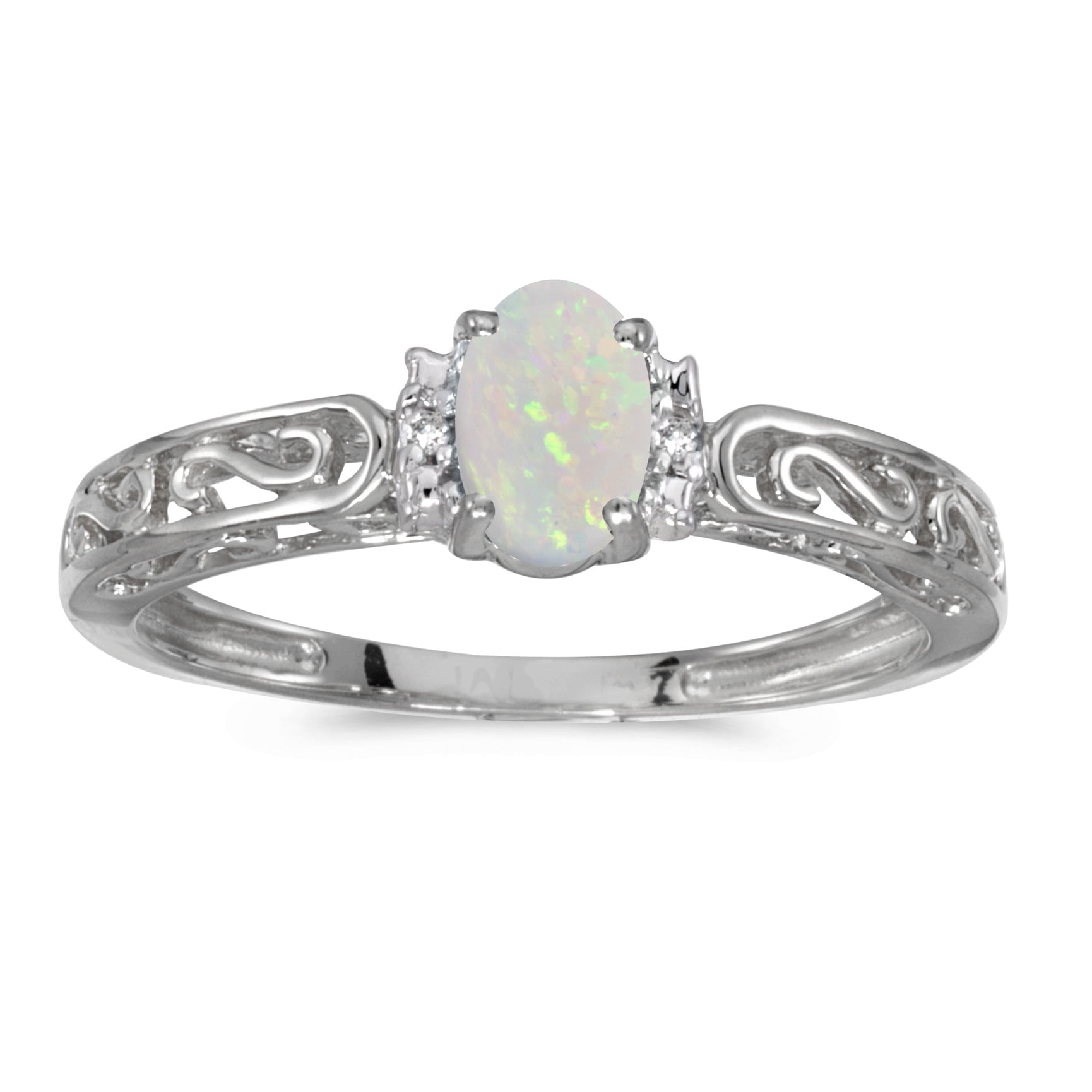 14k White Gold Oval Opal And Diamond Ring by
