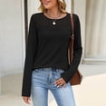 thumbnail image 2 of CHGBMOK Womens Crew Neck Tops Long Sleeve Hollow Lace Shoulder Shirts Soft Knit Blouses Office Layering Basic Daily Wear Tops, 2 of 8