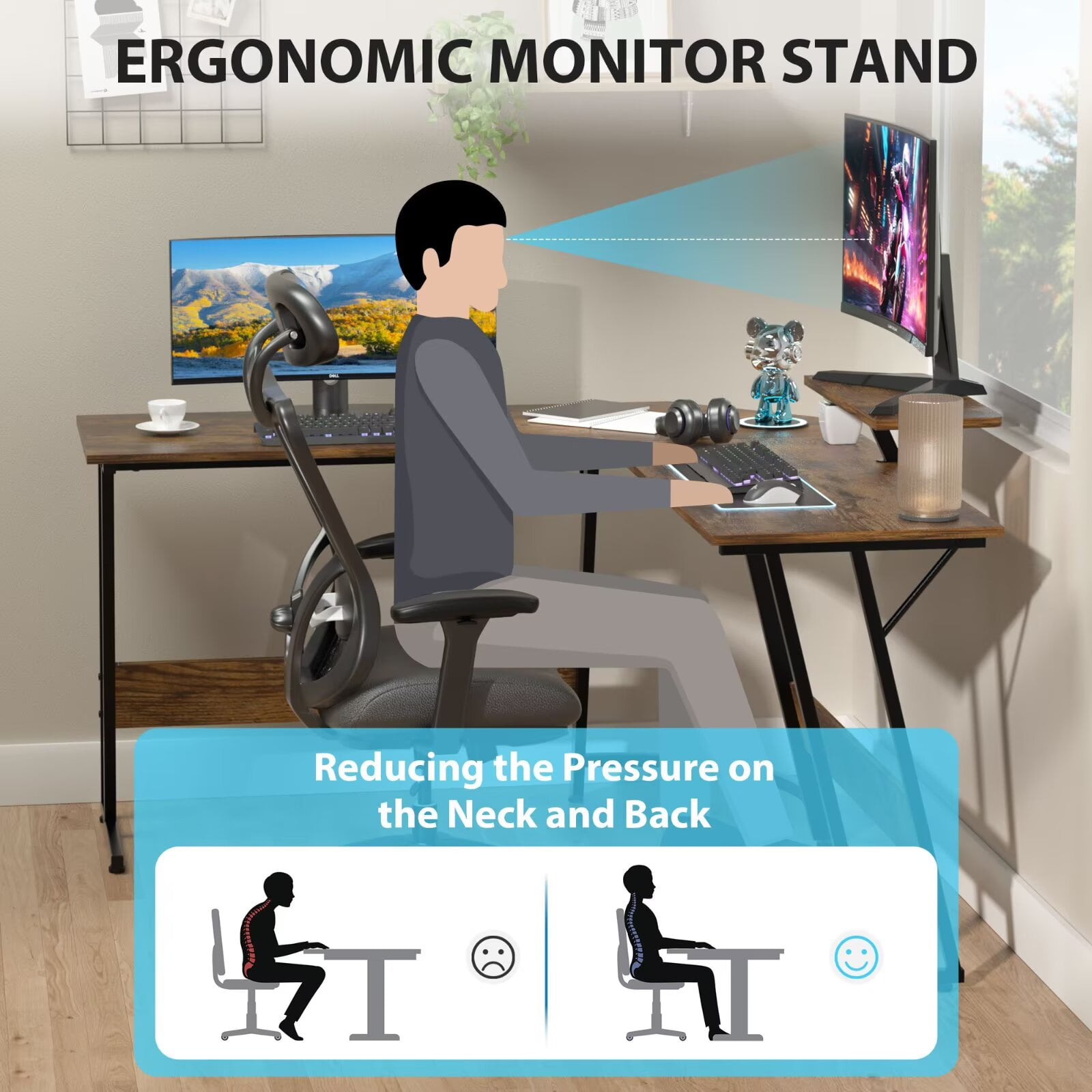YRLLENSDAN 50 Inch L shaped Corner Gaming Desk, Adjustable Computer Desk with Large Desktop, Home Office Desk with Monitor Stand, for Home and Work Place, Brown