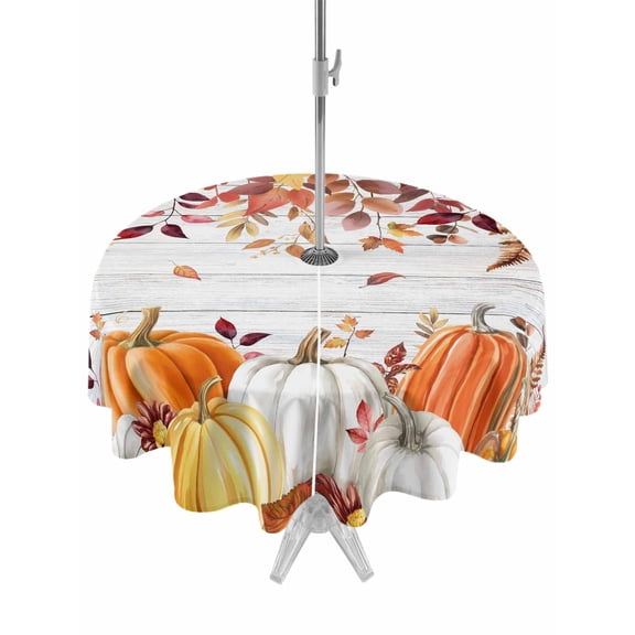 Outdoor Tablecloth with Umbrella Hole and Zipper, Orange White Pumpkins Fall Round Table Cloth 60 Inch Waterproof Tablecloth, Thanksgiving Eucalyptus Leaves Picnic Table Cover for Patio Camping