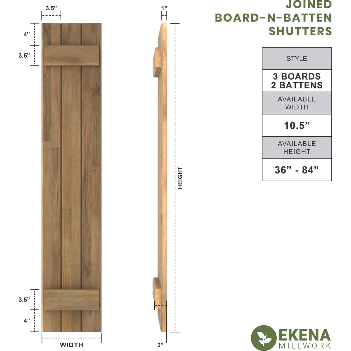 Ekena Millwork 10 1/2"W x 68"H Americraft Three Board (2 Batten) Exterior Real Wood Joined Board-n-Batten Shutters (Per Pair), Starless Night Blue