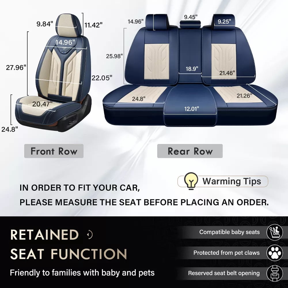 Coverado Car Seat Covers Full Set, Waterproof Airbag Compatible Faux Leather Front and Back Car Seat Protectors, Universal Fit for Most Sedans SUV Pick-up Truck, Blue&Beige