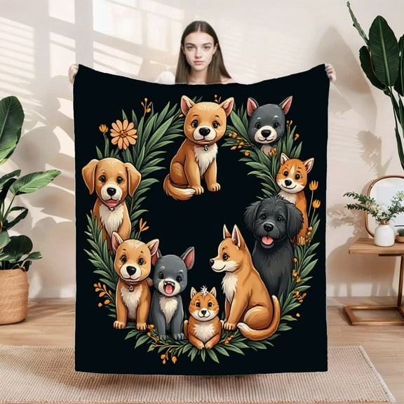 Cozy Flannel Blanket with Adorable Cartoon Puppies in Circular Pattern Surrounded by Green Leaves & Orange Flowers - Perfect for Sofa & Travel