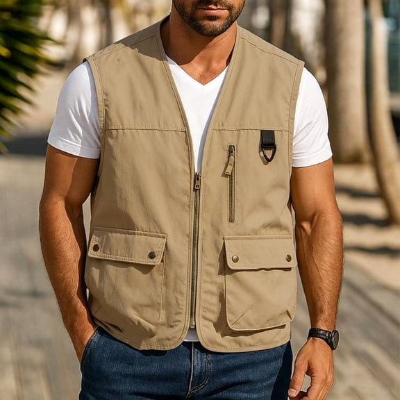 Ynynloco Men's Casual Lightweight Fishing Vest Utility Safari Travel Vest with Pockets Outdoor Work Photo Cargo Fly Summer Vest