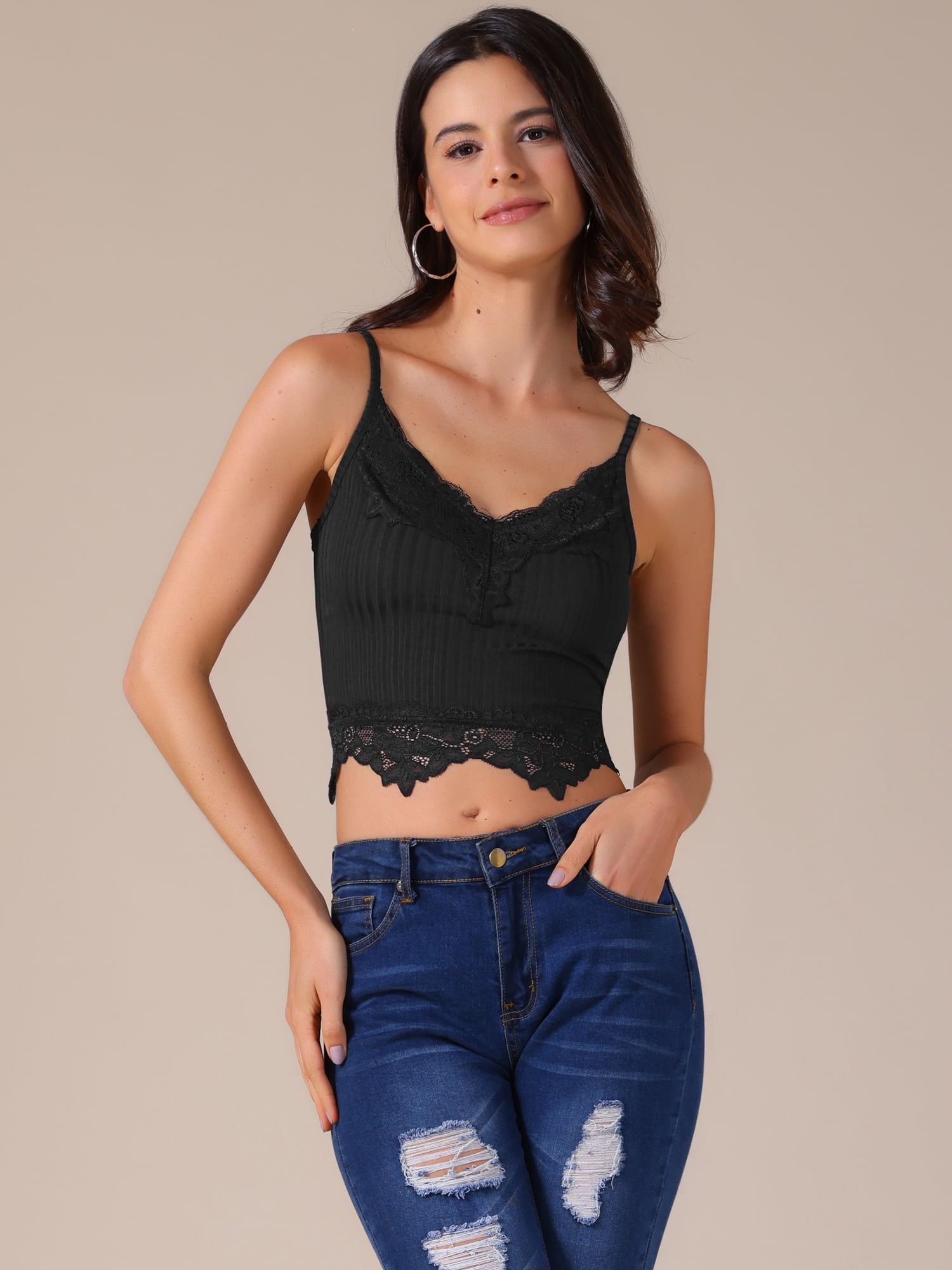 DARING DIVA Women's Lace Crop Lace Bralettes Y2k Patchwork Tank Top L Black