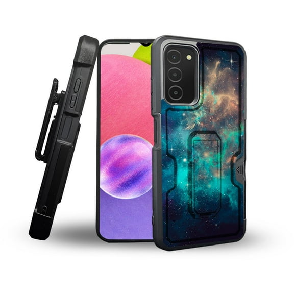 ANJ  Rugged Shockproof Holster Case Card Slot Kickstand   Tempered Glass Cover for Samsung Galaxy A03s - Mystic Galaxy