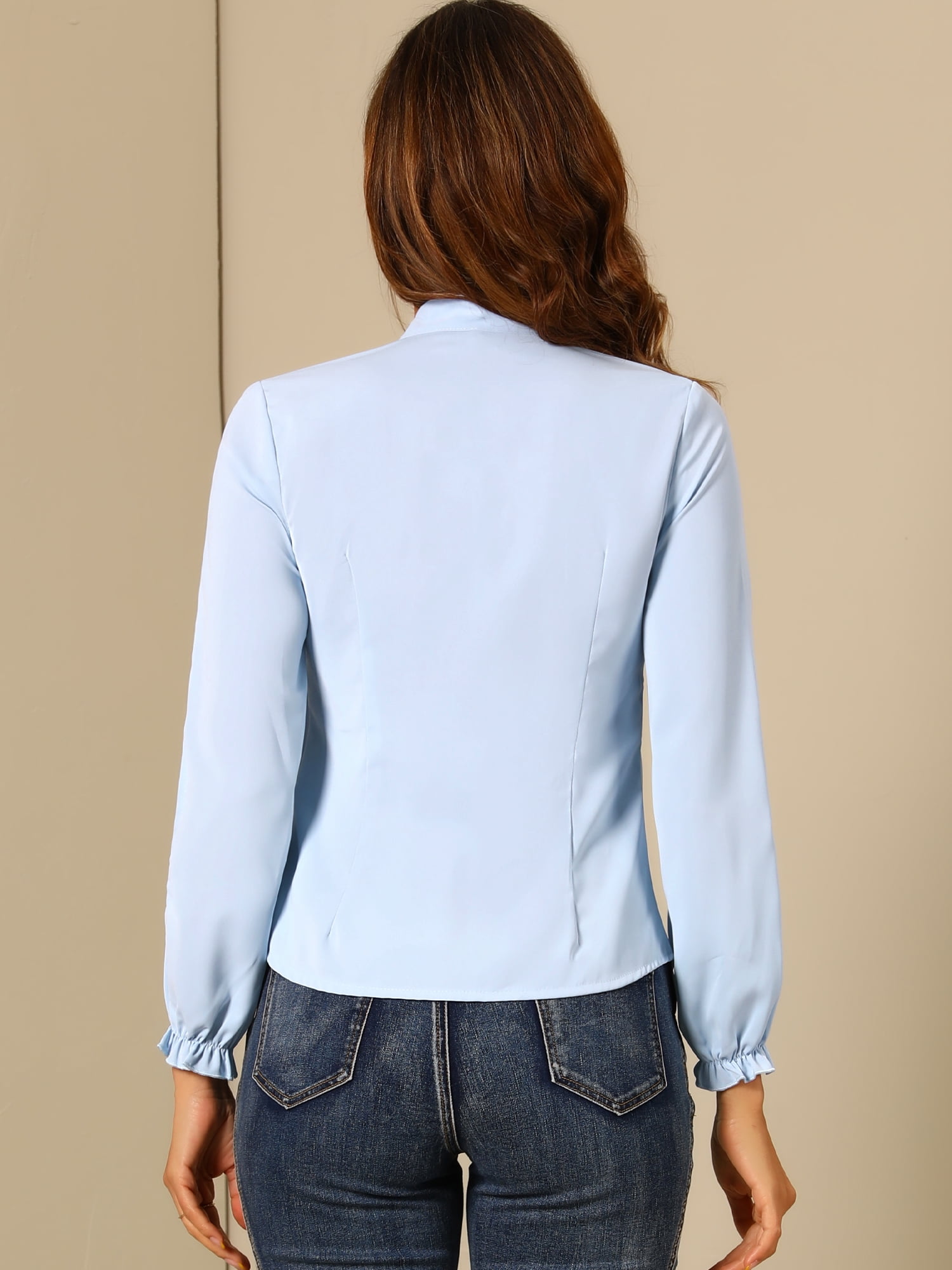 DARING DIVA Women's Elegant Bow Tie Neck Blouse Chiffon Shirt S Light Blue