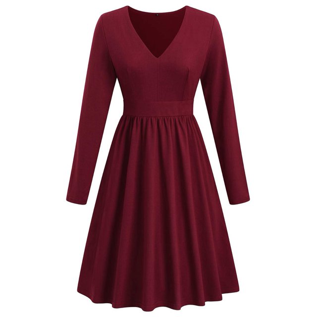 Vestido De Manga Larga, Vestido Drapeado De Color Puro Para Mujer Con Cuello En V Para El Trabajo Para Citas ANGGREK Vino Tinto XL