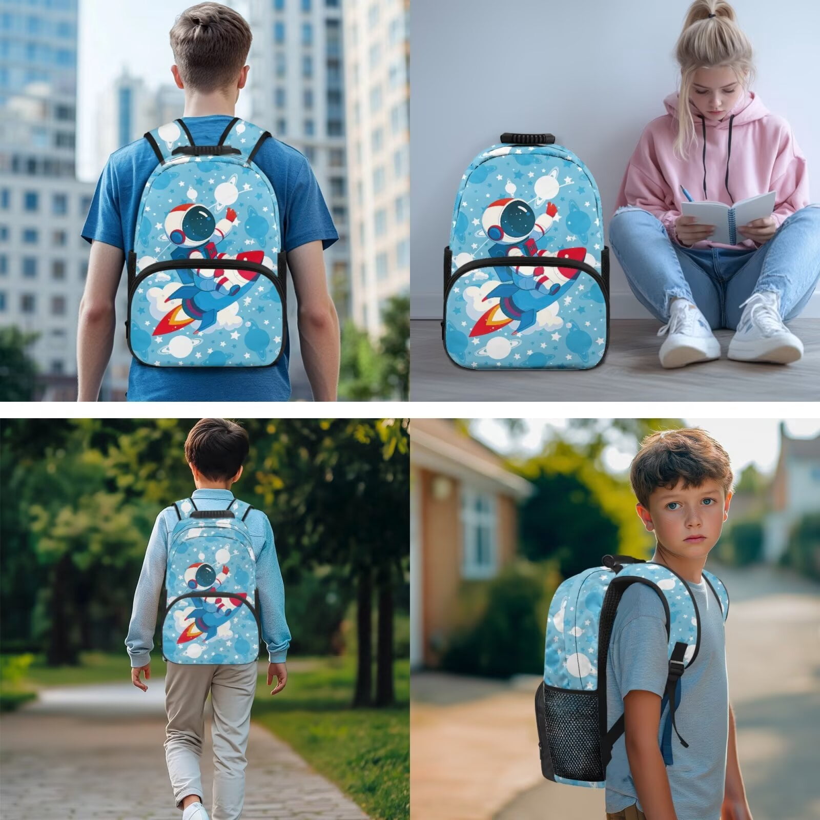 Pzuqiu Cartoon Rocket Print School Backpack Set for Girls Back Pack with Lunch Box Pencil Case 2pcs Bookmark,4 Pcs Large17 Inch Travel Back Pack Casual Daypack Backpacks for Kids