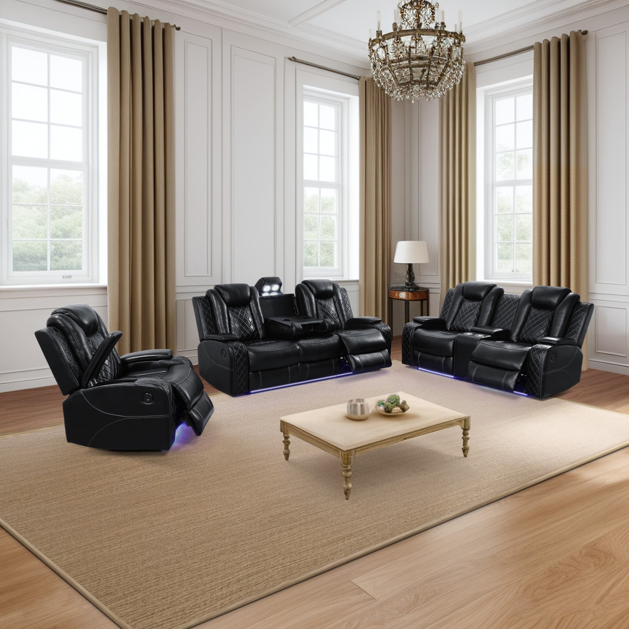 Gewnee Black 3-Piece Multifunctional Smart Sofa with Console & Cup Holders, Solid Wood Frame, Double-Layer Springs and Air Leather